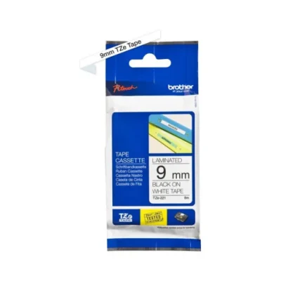 CASSETTE À RUBAN BROTHER TZE-221 – NOIR SUR BLANC, 9 MM DE LARGE / 8 M DE LONG